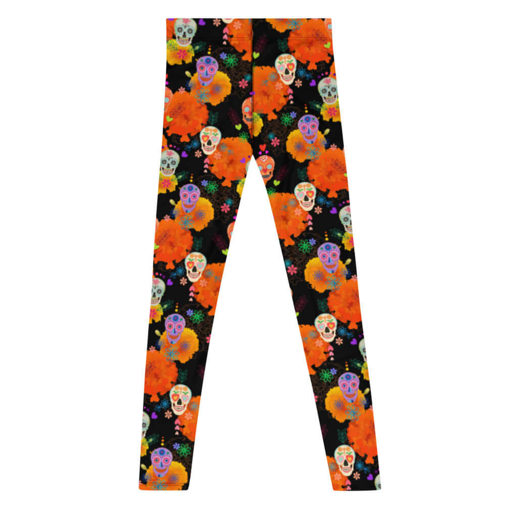 Vibrant Sugar Skull Men's Leggings featuring colorful patterns, perfect for workouts and everyday wear.