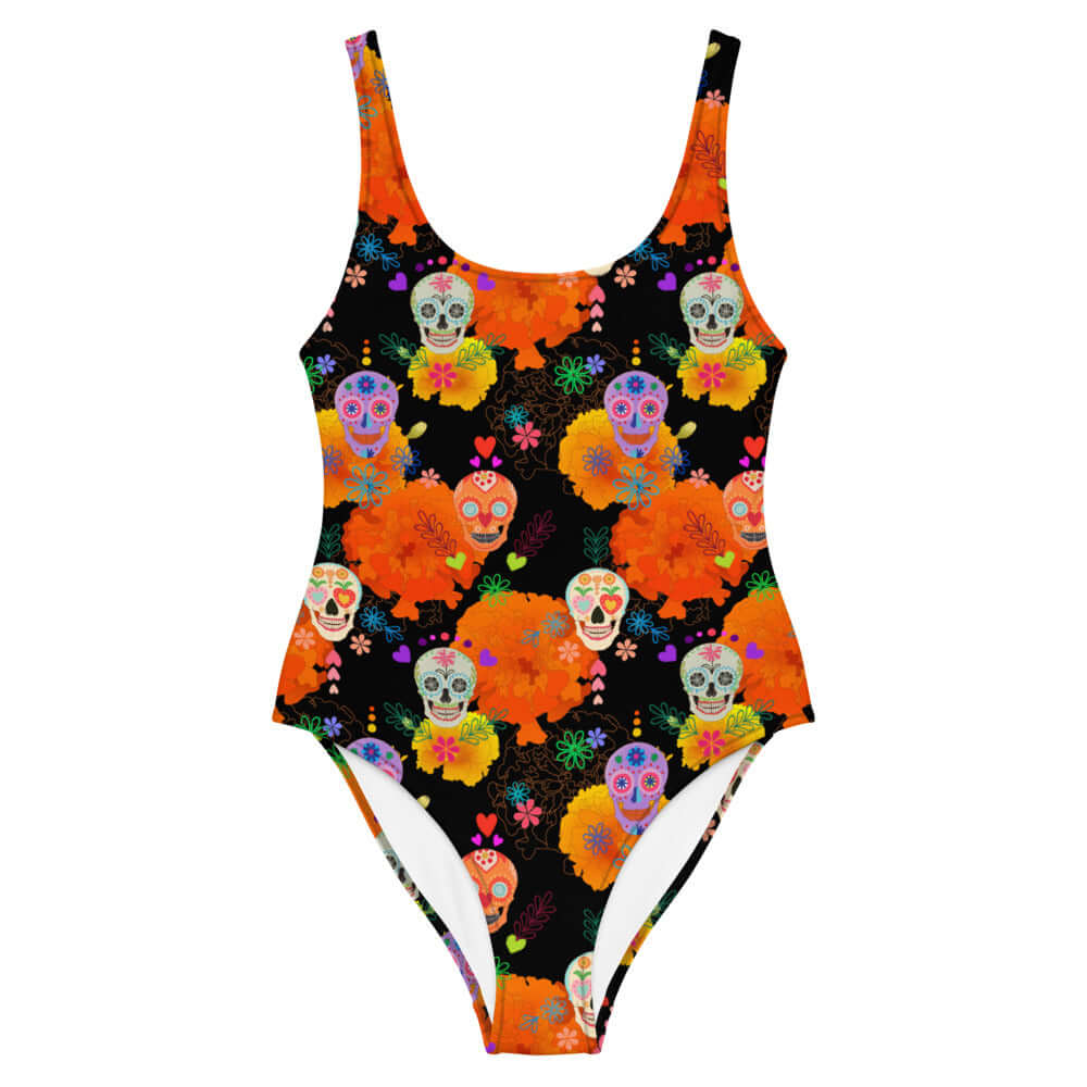 Vibrant Sugar Skull One-Piece Swimsuit features colorful patterns for fun days in the sun, perfect for all figures.