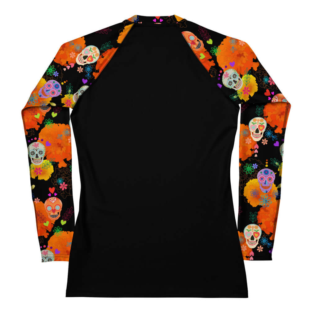 Stylish Sugar Skull Rash Guard with vibrant designs, perfect for sun protection during active sports and outdoor fun.