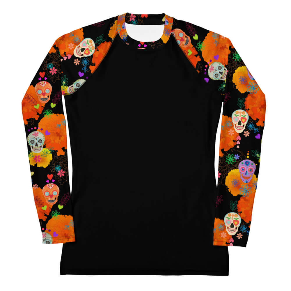 Vibrant Sugar Skull Rash Guard with colorful designs, perfect for active outdoor sports and sun protection.