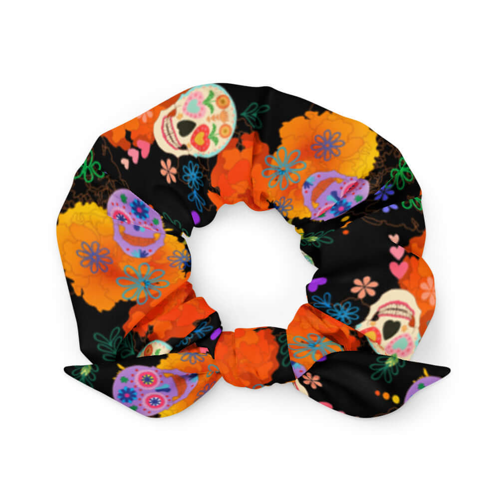 Trendy Sugar Skull Scrunchie featuring vibrant colors, perfect for adding flair to your hairstyle. Get yours today!