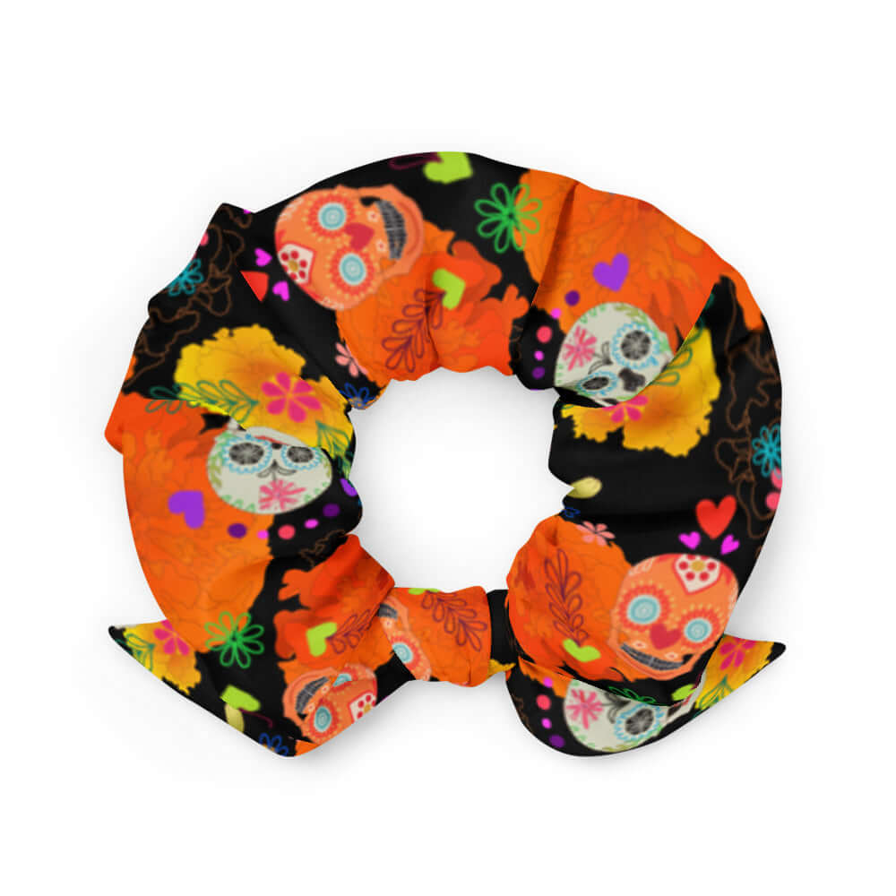 Vibrant Sugar Skull Scrunchie perfect for adding flair to your hairstyle, made from stretchy, eco-friendly materials.