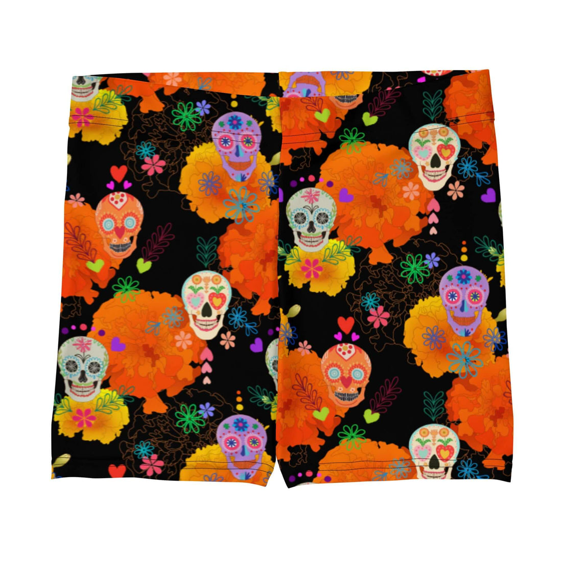 Vibrant Sugar Skull Shorts with colorful patterns, perfect for festive activities and comfortable everyday wear.