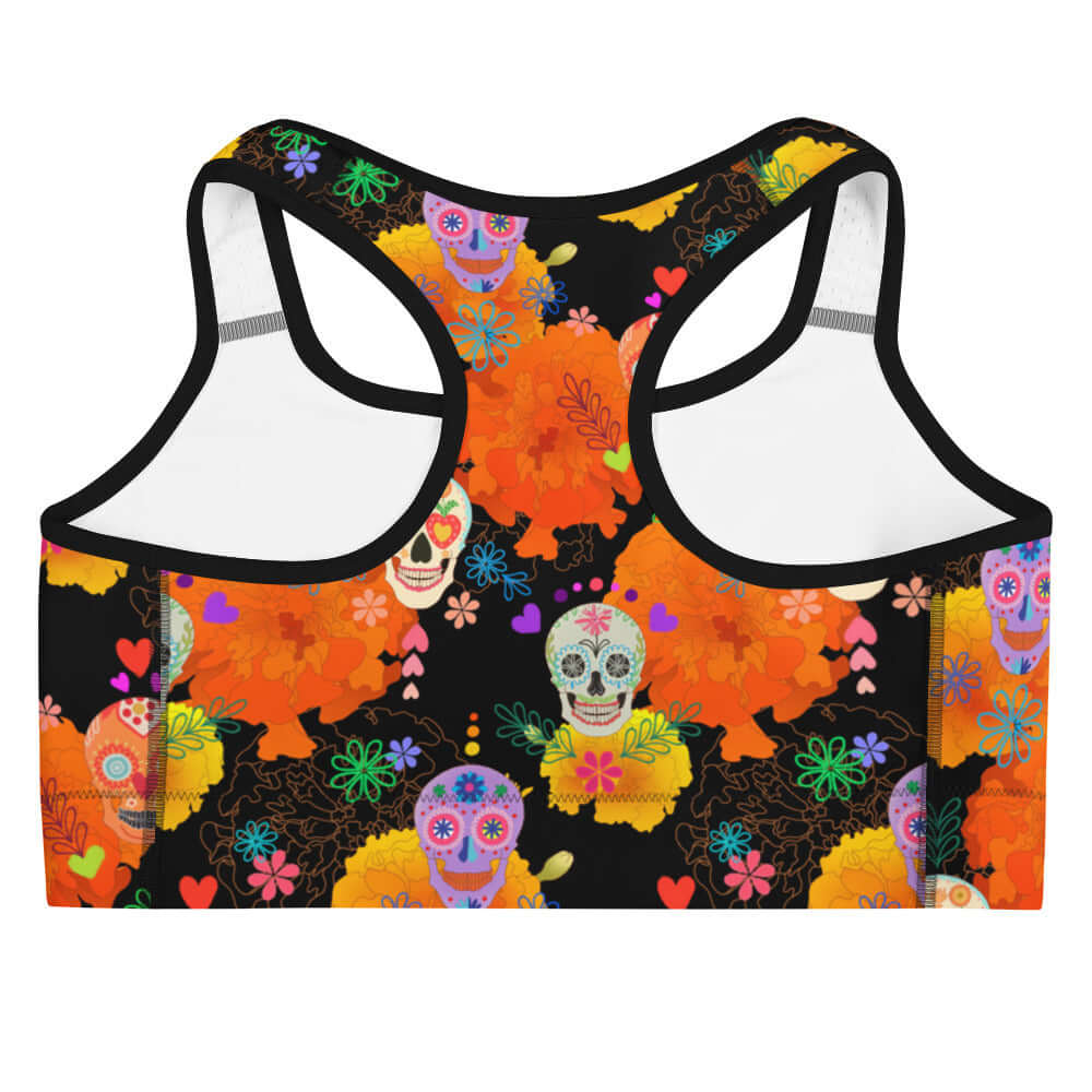 Colorful Sugar Skull Sports bra, perfect for vibrant workouts; moisture-wicking and ultra comfy for ultimate performance.