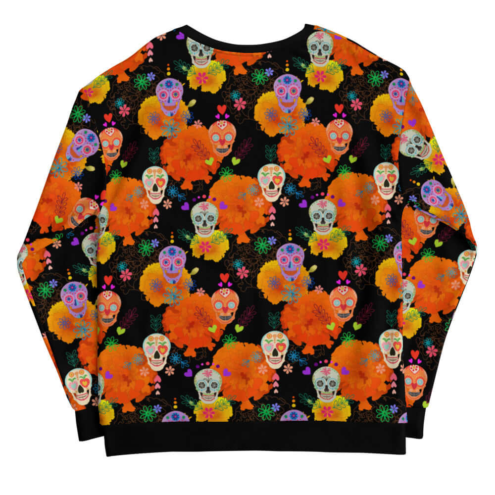 Colorful Sugar Skull Sweatshirt featuring vibrant designs, perfect for festive occasions or self-expression.