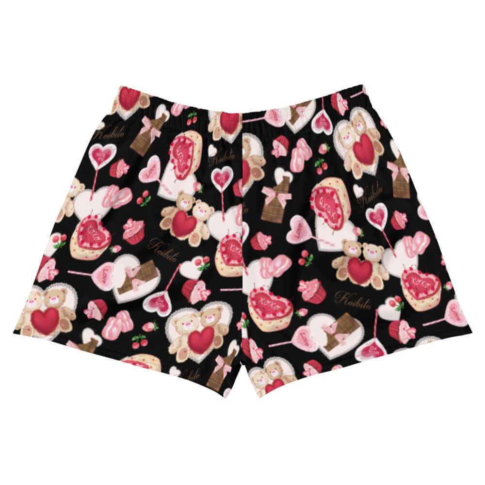 Sugar Sweetheart Athletic Short Shorts feature a fun pattern of sweet treats and fuzzy bears, perfect for lounging or workouts.
