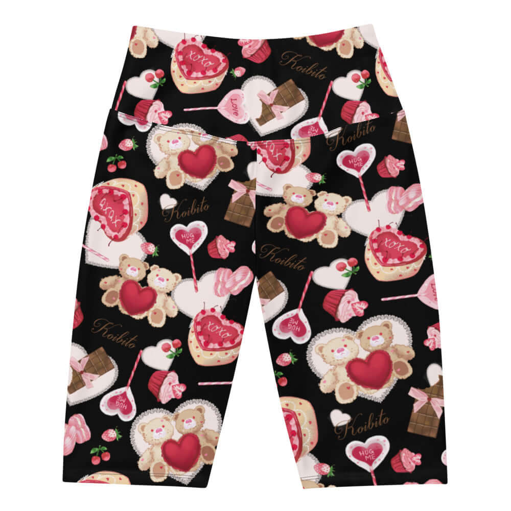 High-waisted Sugar Sweetheart Biker Shorts featuring cute treats and fuzzy bears, perfect for any outfit!