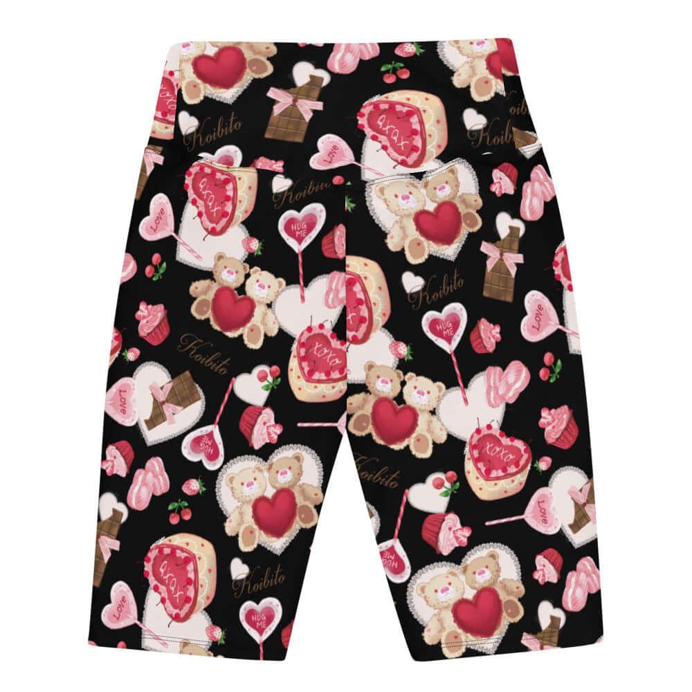 High-waisted Sugar Sweetheart Biker Shorts featuring cute treats and bears, perfect for lounging or active wear.