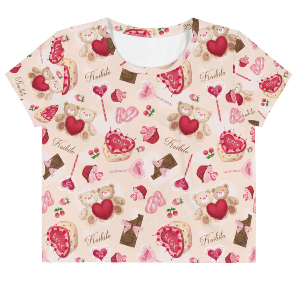 Stylish Sugar Sweetheart Crop Top featuring a playful design of sweets and hearts, perfect for a cute outfit.