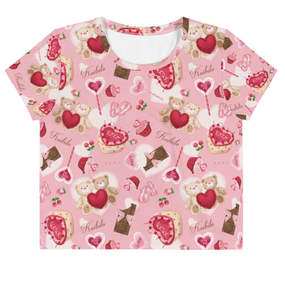 Cute pink Sugar Sweetheart Crop Top with a fun pattern, perfect for a stylish, sweet look any day.
