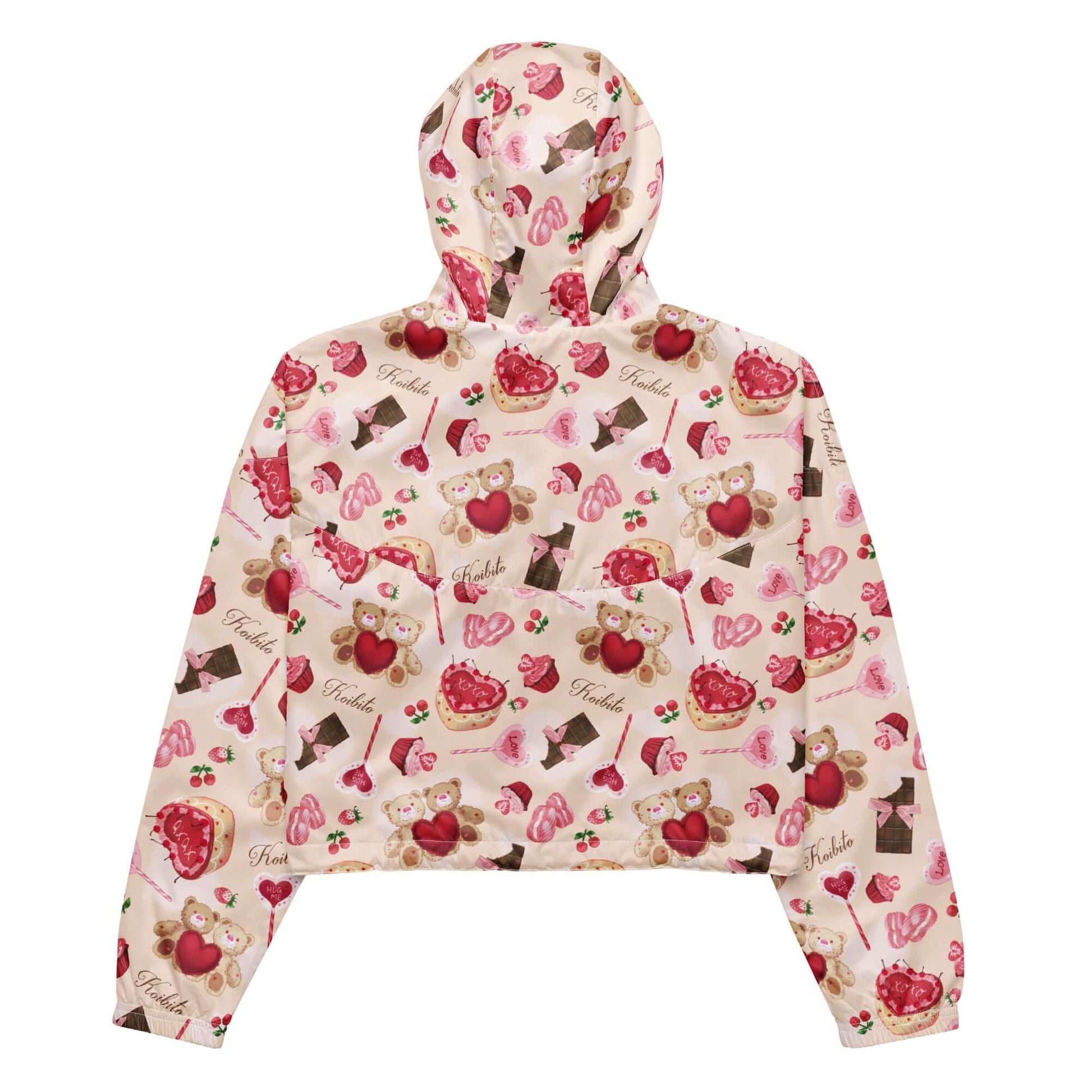 Stylish Sugar Sweetheart cropped windbreaker features a fun print, perfect for adventures while keeping you dry.