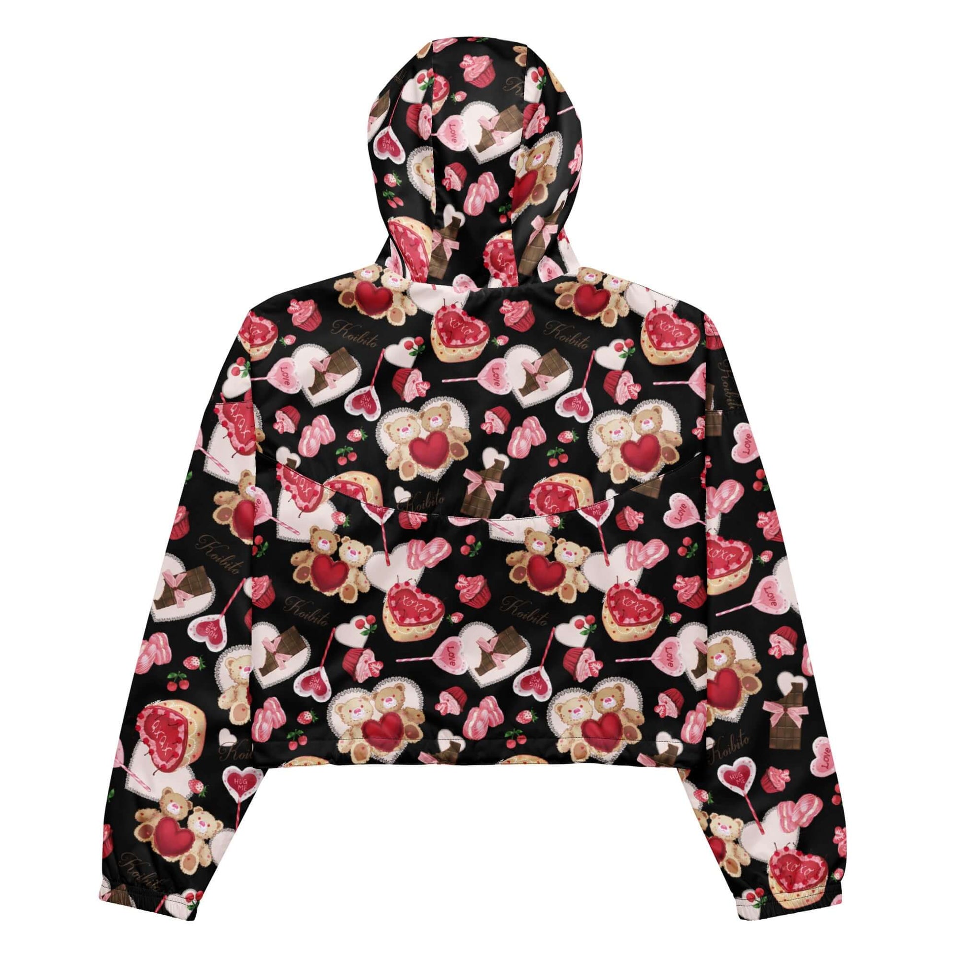 Lightweight and waterproof, the Sugar Sweetheart cropped windbreaker features a fun, colorful design perfect for adventures.