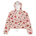 Sugar Sweetheart cropped windbreaker features a playful print, perfect for stylish, waterproof adventures outdoors.