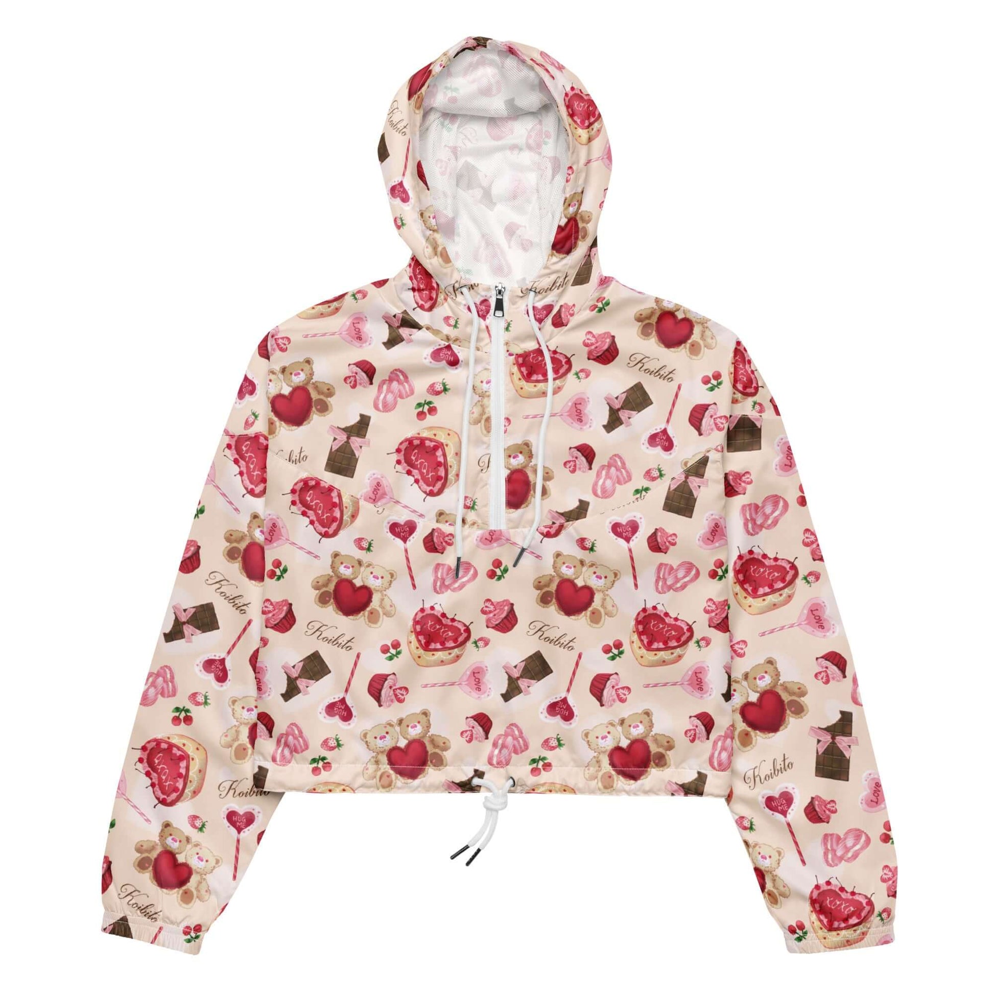 Sugar Sweetheart cropped windbreaker features a playful print, perfect for stylish, waterproof adventures outdoors.