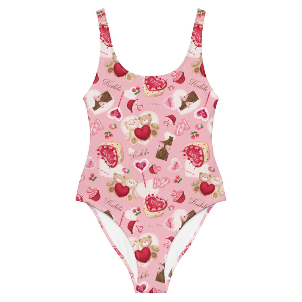 The Sugar Sweetheart One-Piece Swimsuit features a fun, playful design perfect for Valentine's festivities.