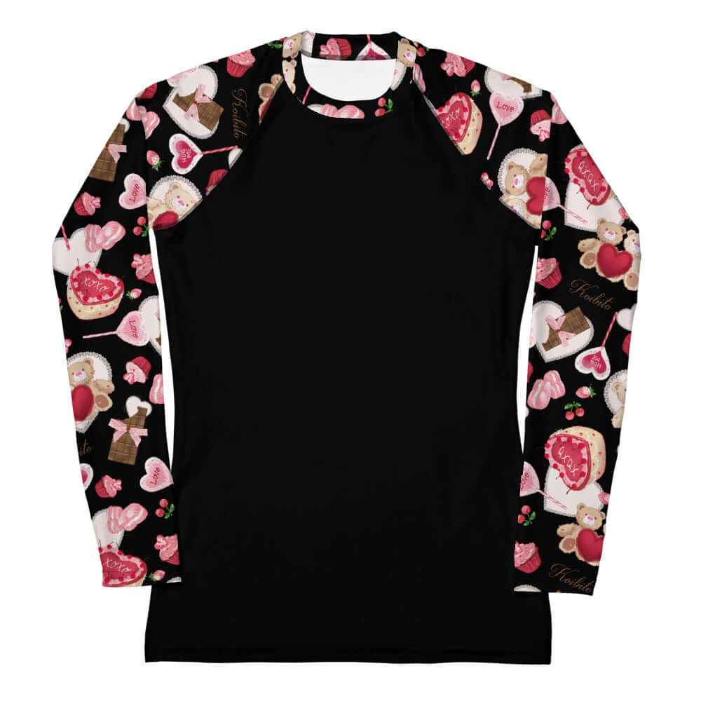 Sugar Sweetheart Rash Guard features a stylish design for active wear, offering comfort and sun protection during sports.
