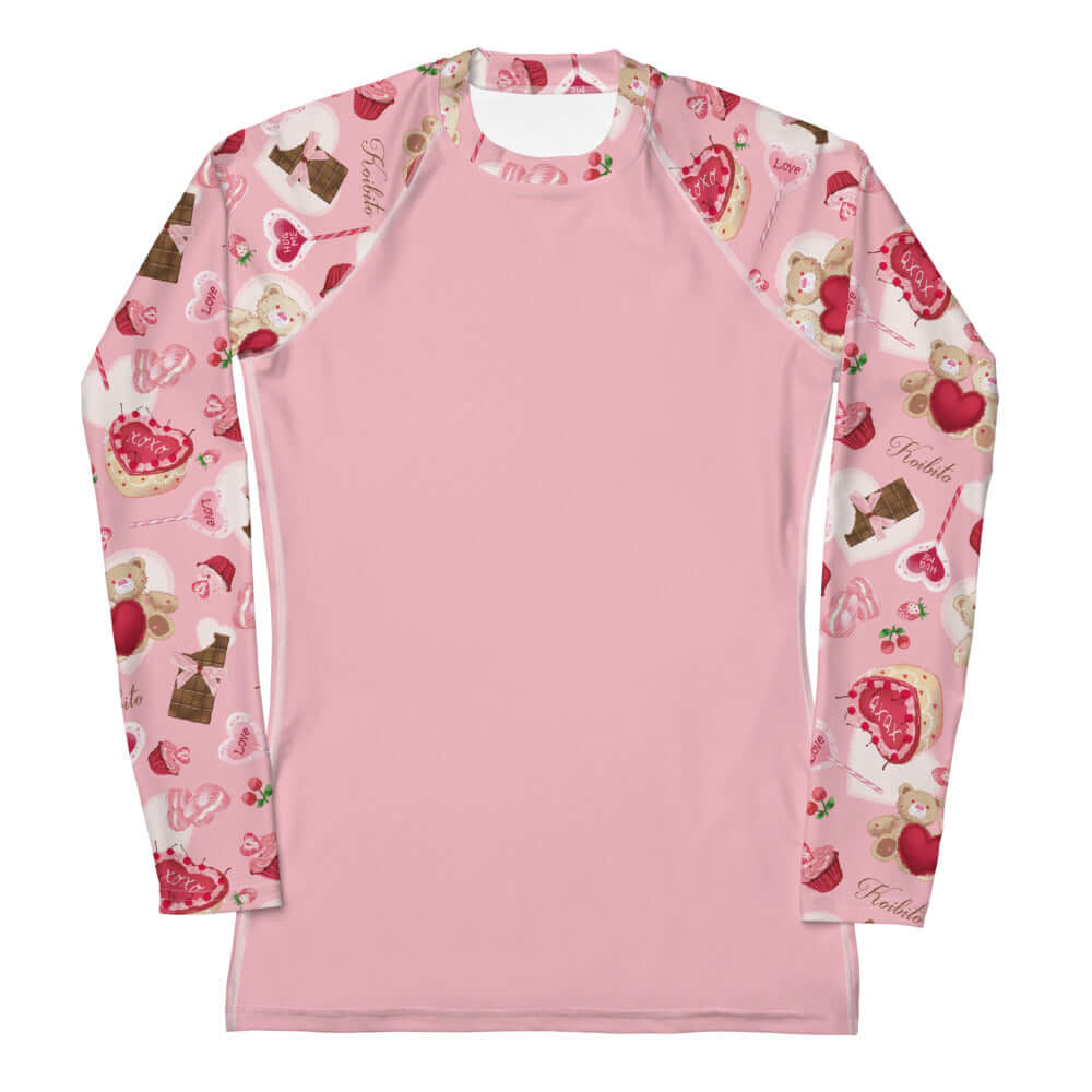 Sugar Sweetheart Rash Guard in pink with cute patterns, perfect for active days while offering sun protection.