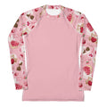 Sugar Sweetheart Rash Guard in pink with cute patterns, perfect for active days while offering sun protection.