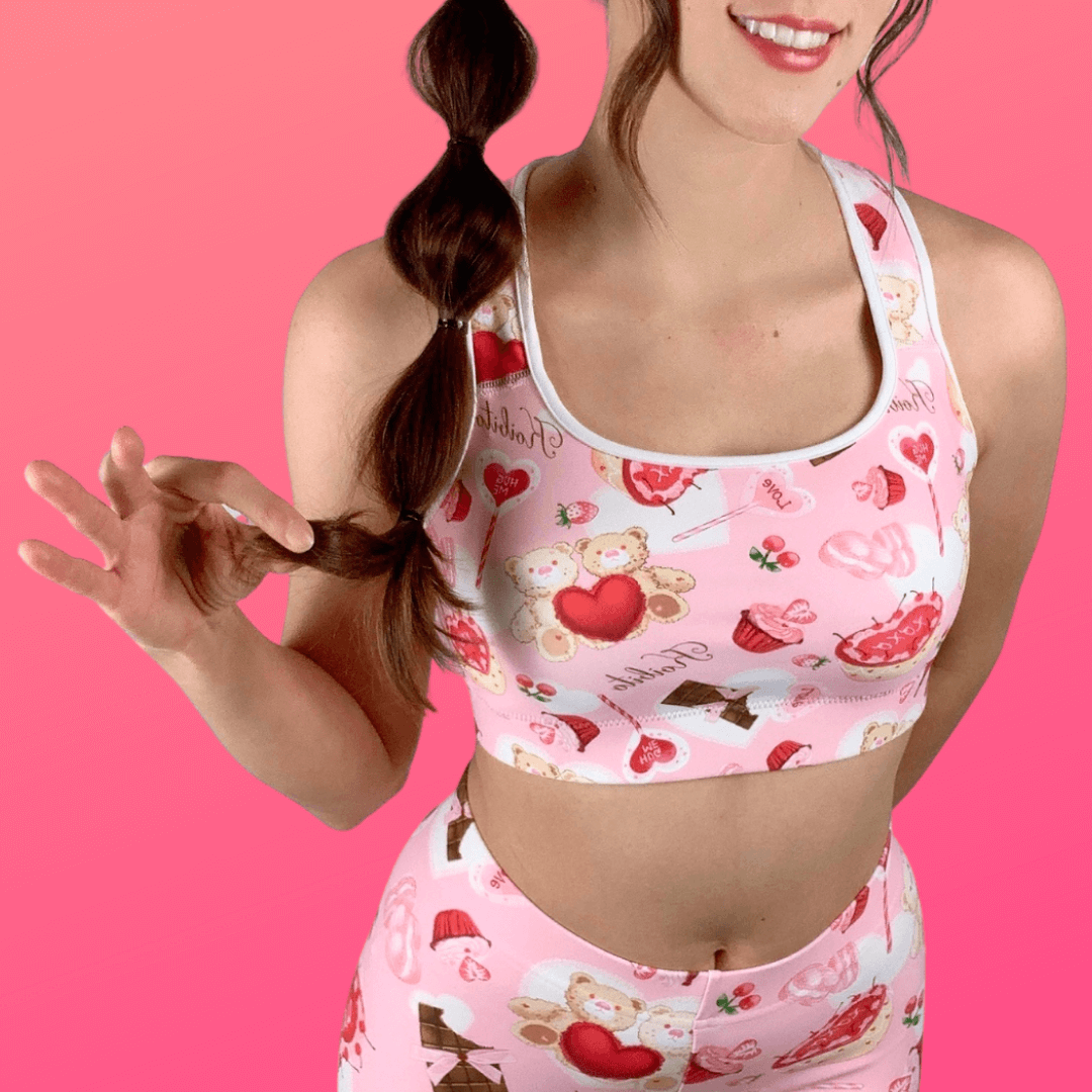 Stylish and cute, the Sugar Sweetheart Sports bra by Koibito Clothing is perfect for workouts and looking adorable.