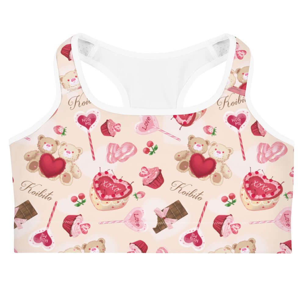 Cute and cozy, the Sugar Sweetheart Sports bra by Koibito Clothing features a playful design perfect for workouts.