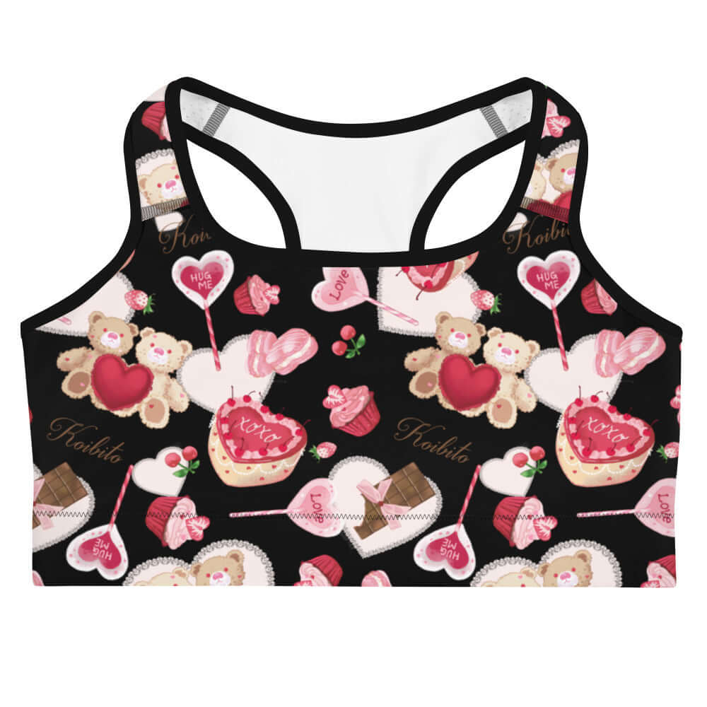 Sugar Sweetheart Sports bra features a cute, playful design perfect for workouts at Koibito Clothing.