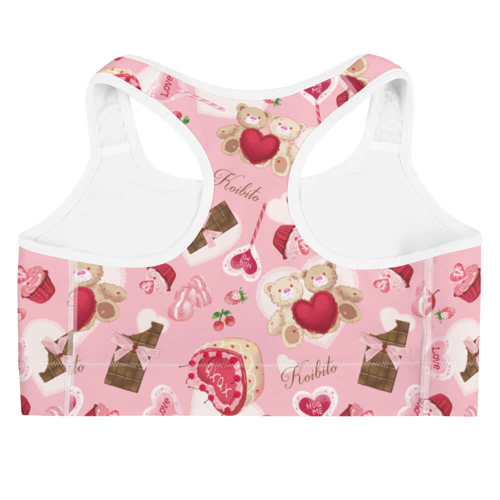Sugar Sweetheart Sports bra from Koibito Clothing features a cute, all-over print perfect for workouts.