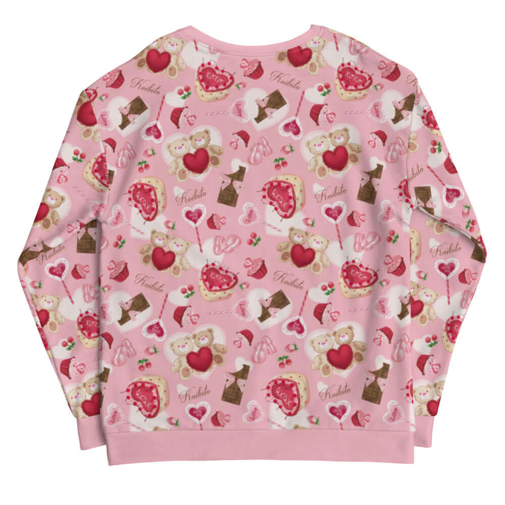 Cute pink Sugar Sweetheart Sweatshirt adorned with festive designs, perfect for Valentine's Day celebrations.