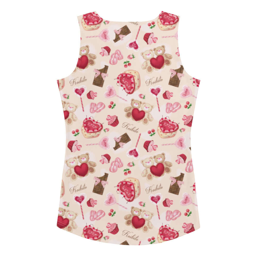 Sugar Sweetheart Tank Top features a playful design of sweets, perfect for showcasing your adorable style year-round.