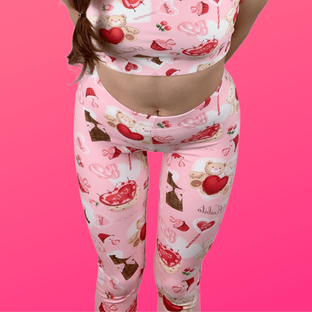 Sugar Sweetheart Leggings offer a cozy fit with a playful design, perfect for Valentine's Day style and comfort.