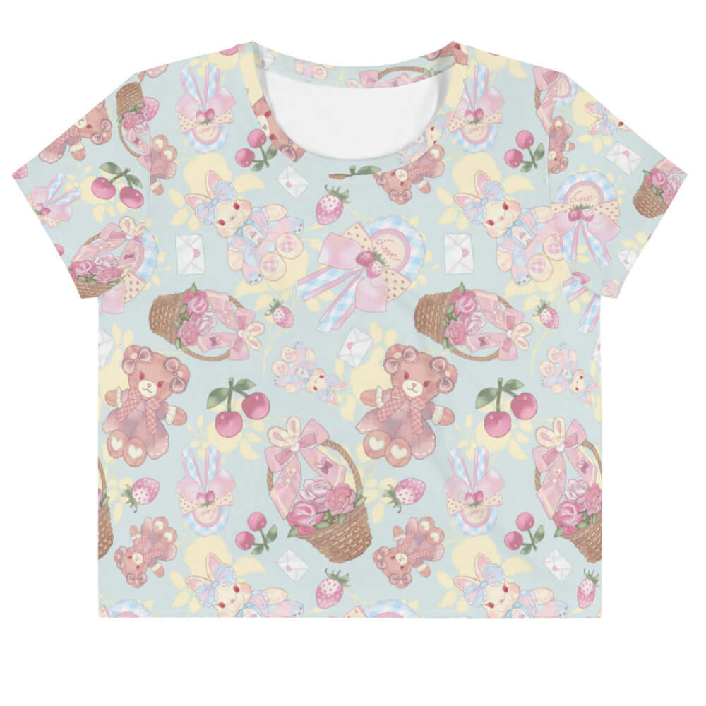 Colorful Sweet Teddy Crop Top featuring cute bear and floral designs, perfect for showcasing your feminine style.