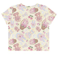 Bright and playful Sweet Teddy Crop Top featuring cute teddy bear and floral designs, perfect for a trendy feminine look.