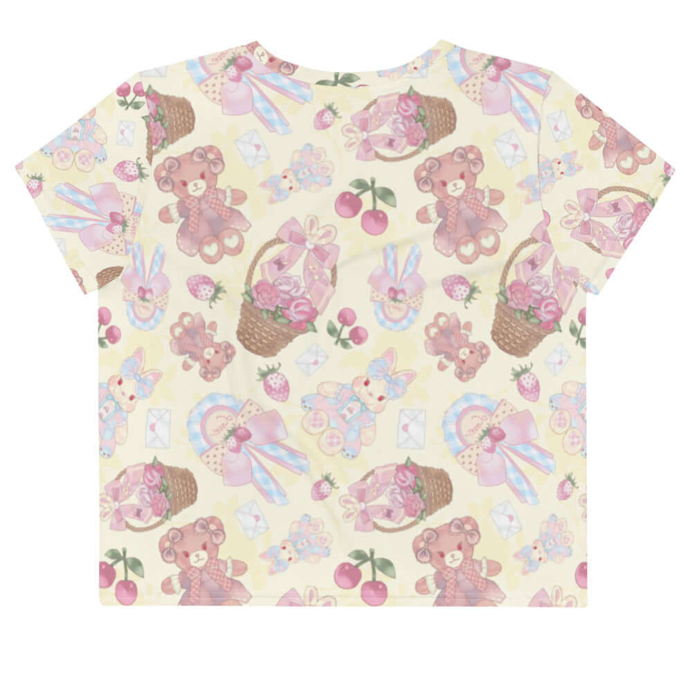 Bright and playful Sweet Teddy Crop Top featuring cute teddy bear and floral designs, perfect for a trendy feminine look.