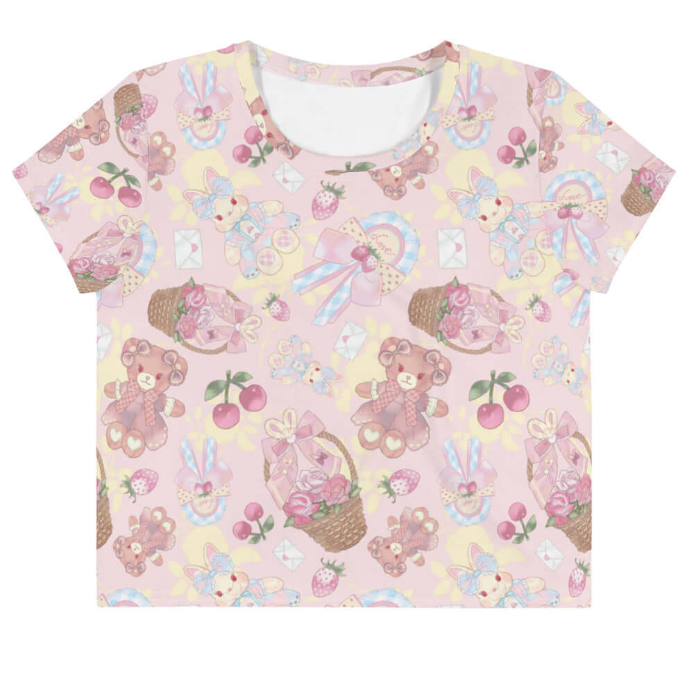 Cute and colorful Sweet Teddy Crop Top featuring playful designs, perfect for showcasing your feminine side.