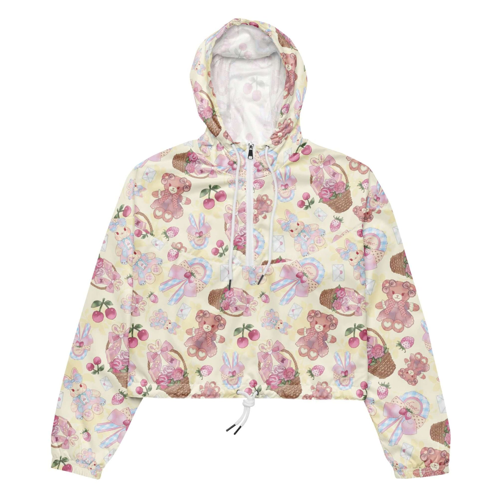 Lightweight and waterproof, the Sweet Teddy cropped windbreaker features playful patterns, perfect for outdoor adventures.