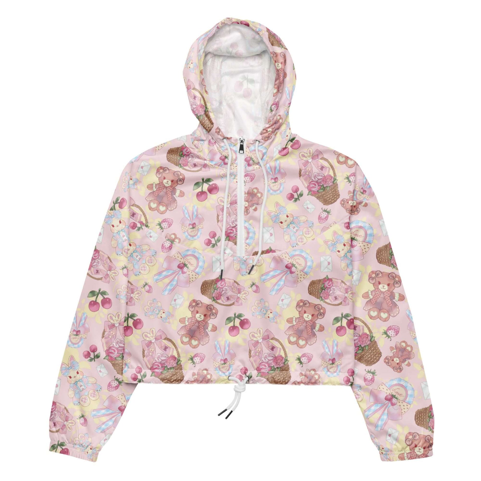 Stylish Sweet Teddy cropped windbreaker features a colorful design, perfect for adventures in any weather.