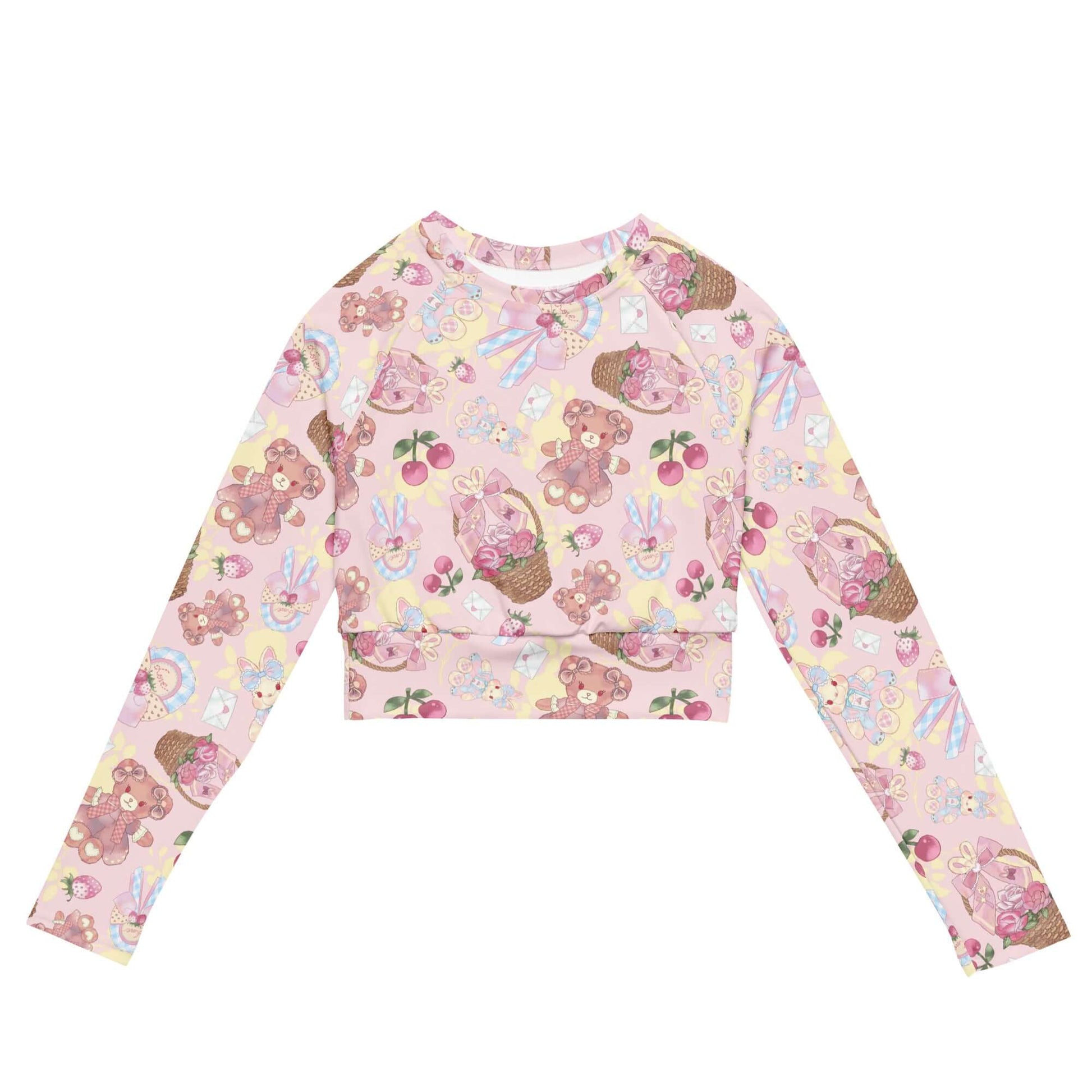 Sweet Teddy Long-sleeved Crop Top features a fun print, eco-friendly fabric, perfect for athleisure and sports.
