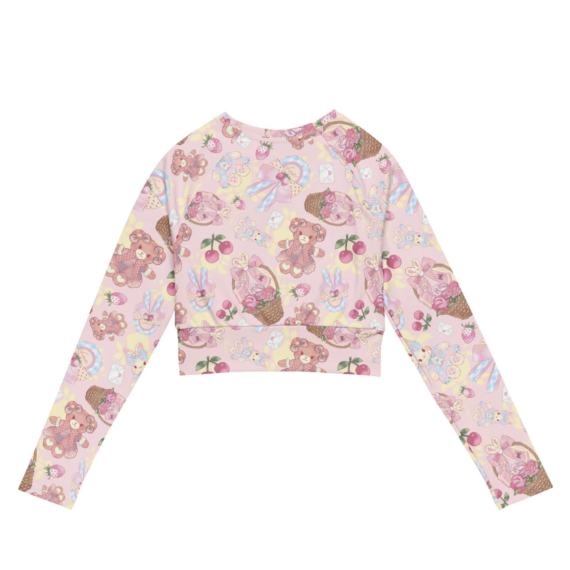 Cute and eco-friendly, the Sweet Teddy Long-sleeved Crop Top features playful bear prints and a comfy fit.