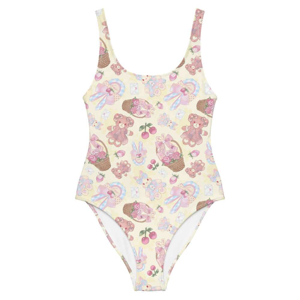 Sweet Teddy One-Piece Swimsuit features a cute bear print, designed for comfort and style at the beach.