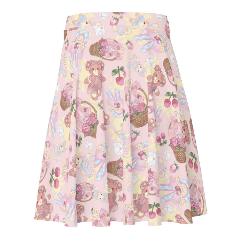 Pastel-colored Sweet Teddy Skater Skirt featuring cute teddy bear and floral designs, perfect for feminine outfits.