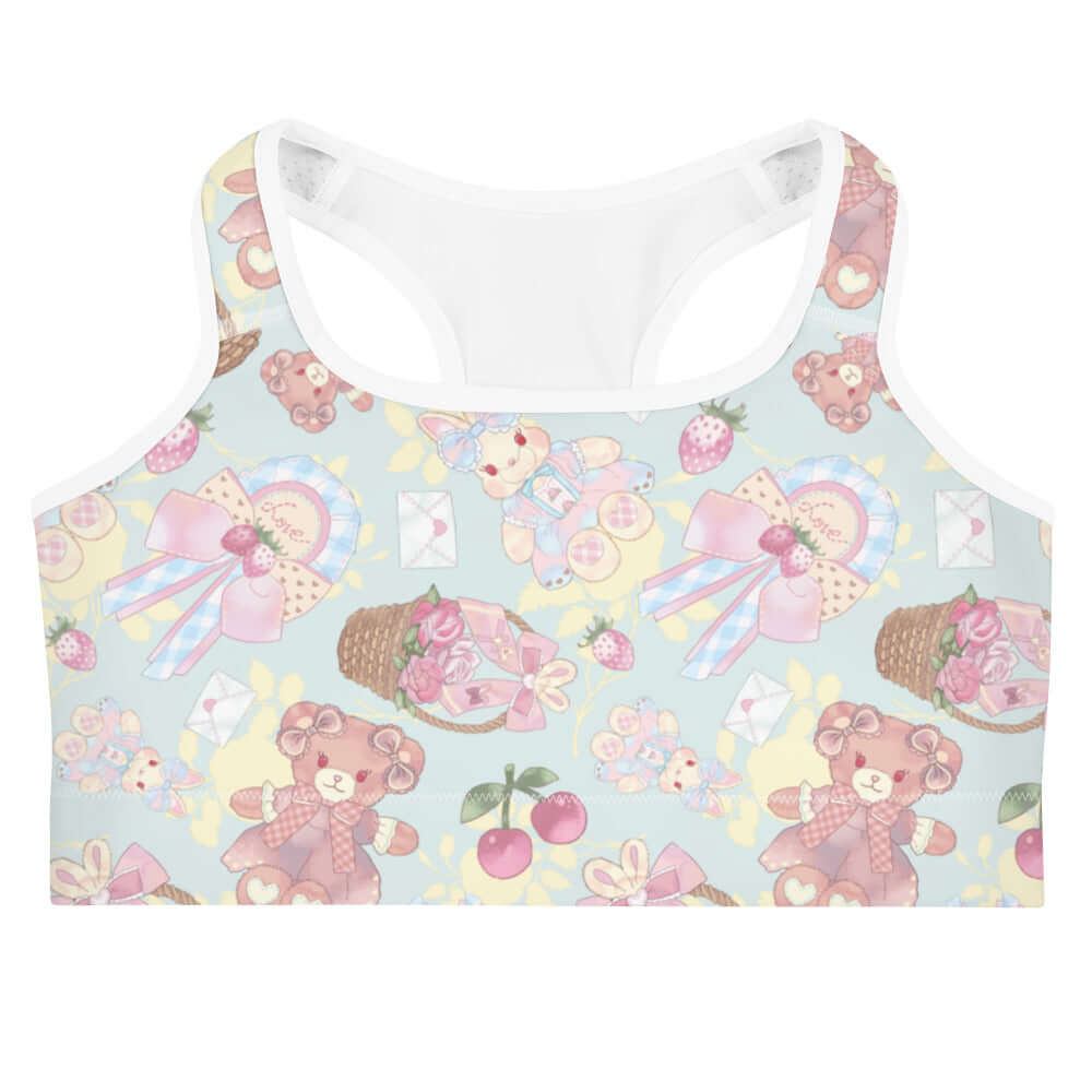 Sweet Teddy Sports bra features a playful teddy bear print, perfect for stylish workouts with great support and comfort.