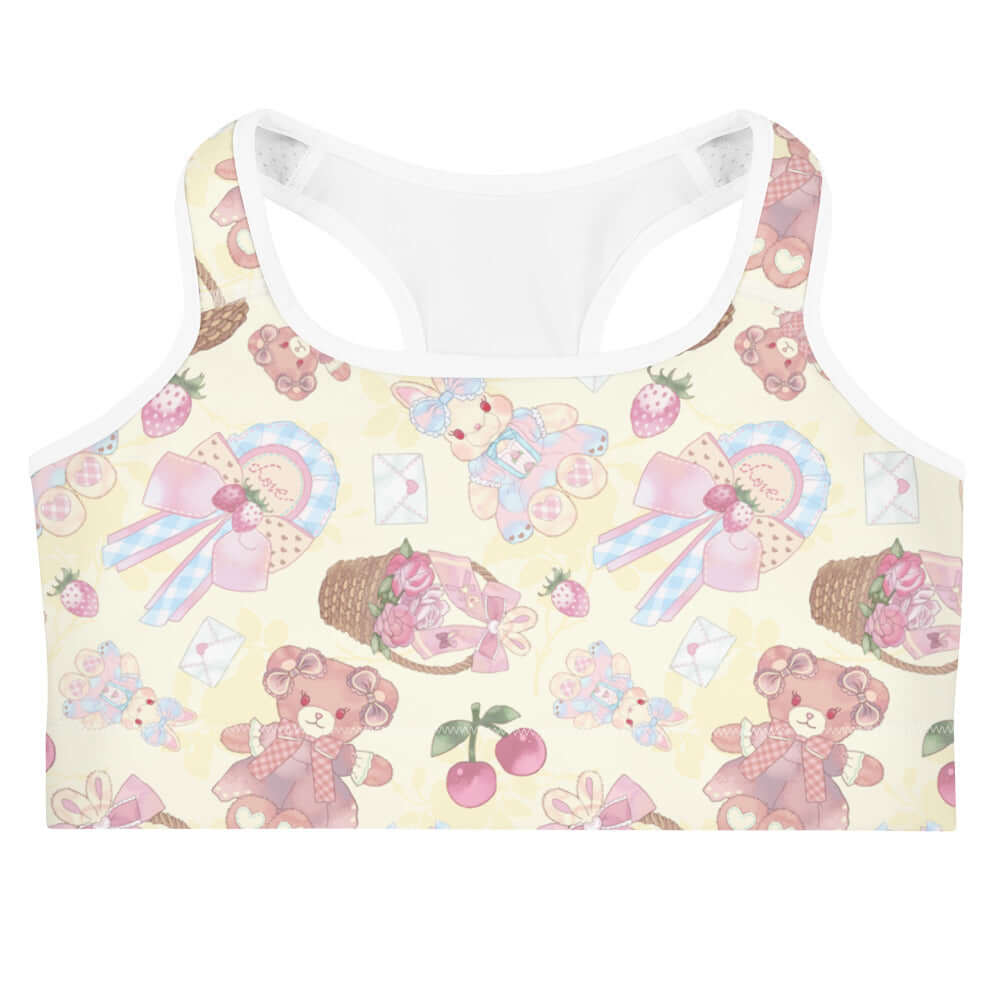 Sweet Teddy Sports bra features a cute teddy bear design, perfect for comfortable workouts at any intensity.