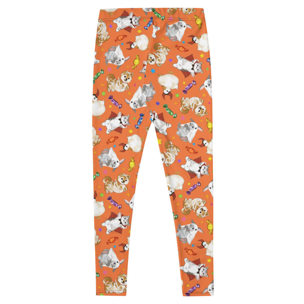 Adorable Trick or Treaters Leggings featuring playful pets on a festive orange background, perfect for Halloween fun!