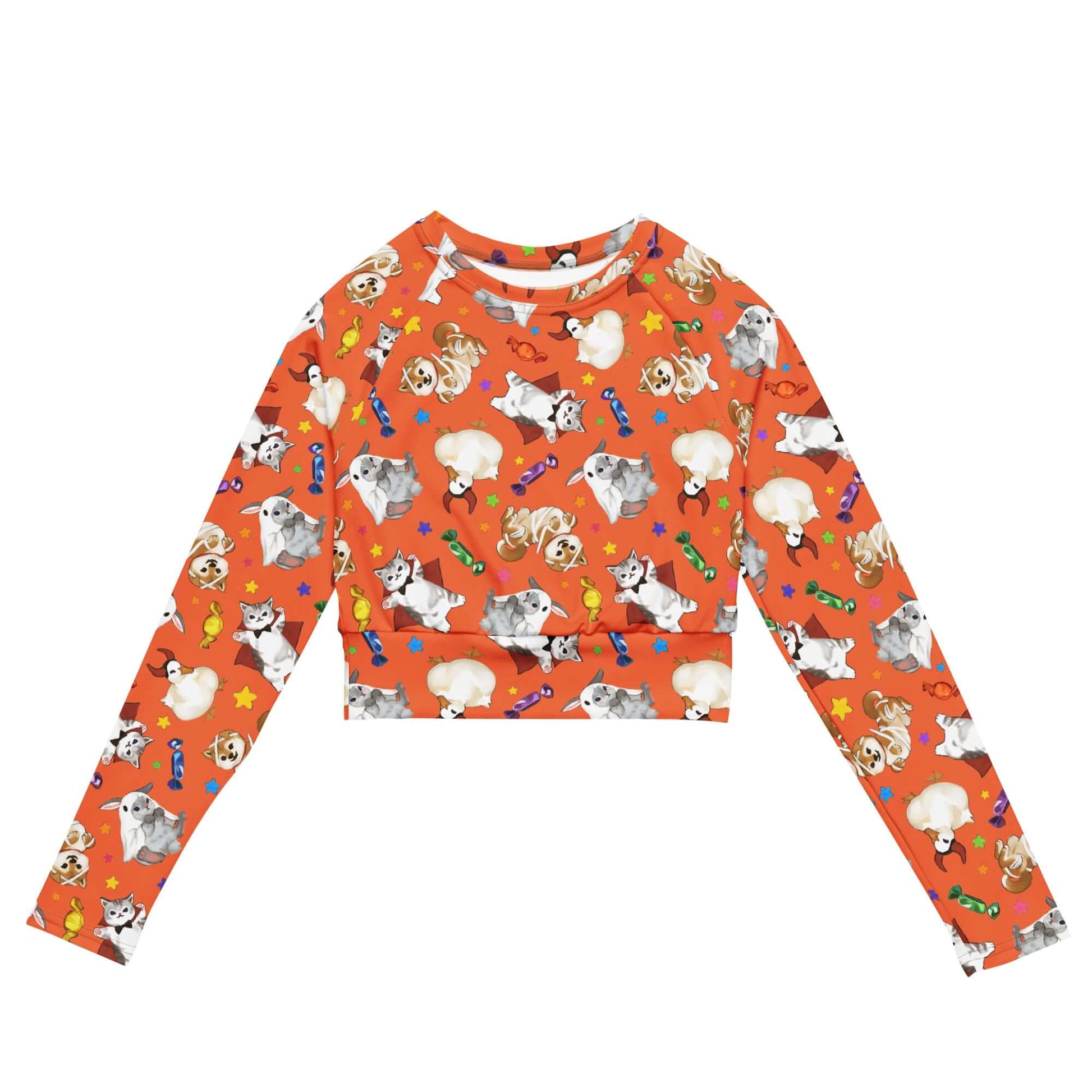 Trick or Treaters Long-sleeved Crop Top in vibrant colors, perfect for eco-friendly athleisure and sports wear.