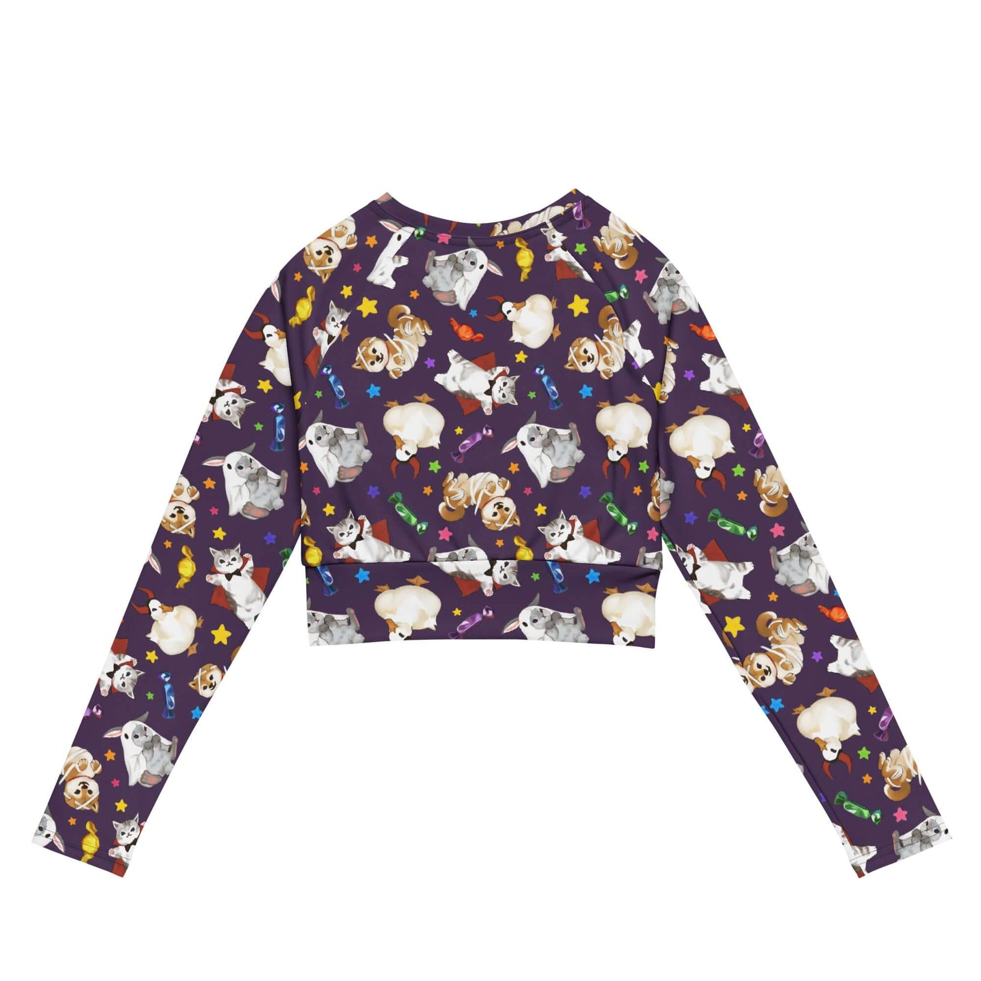 Eco-friendly Trick or Treaters Long-sleeved Crop Top features a playful design, perfect for athleisure or casual wear.