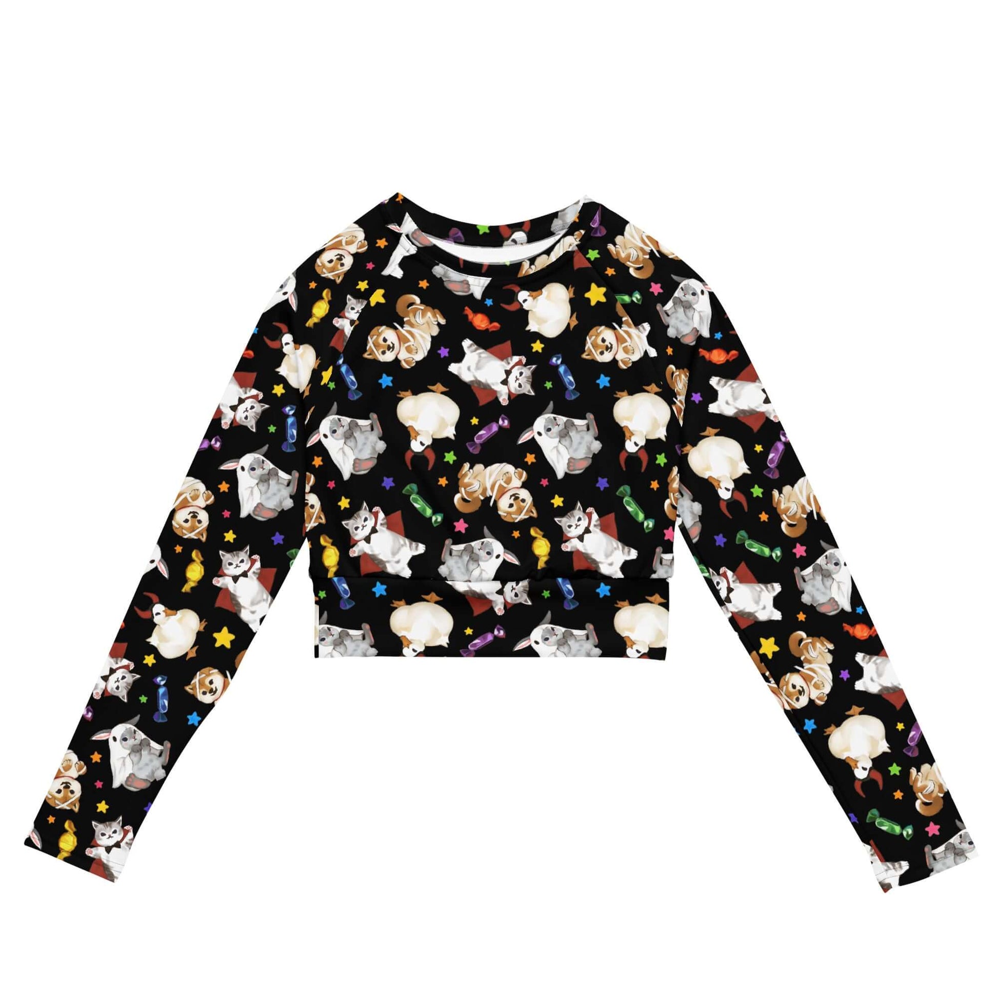 Explore the eco-friendly Trick or Treaters Long-sleeved Crop Top, perfect for athleisure and casual wear.