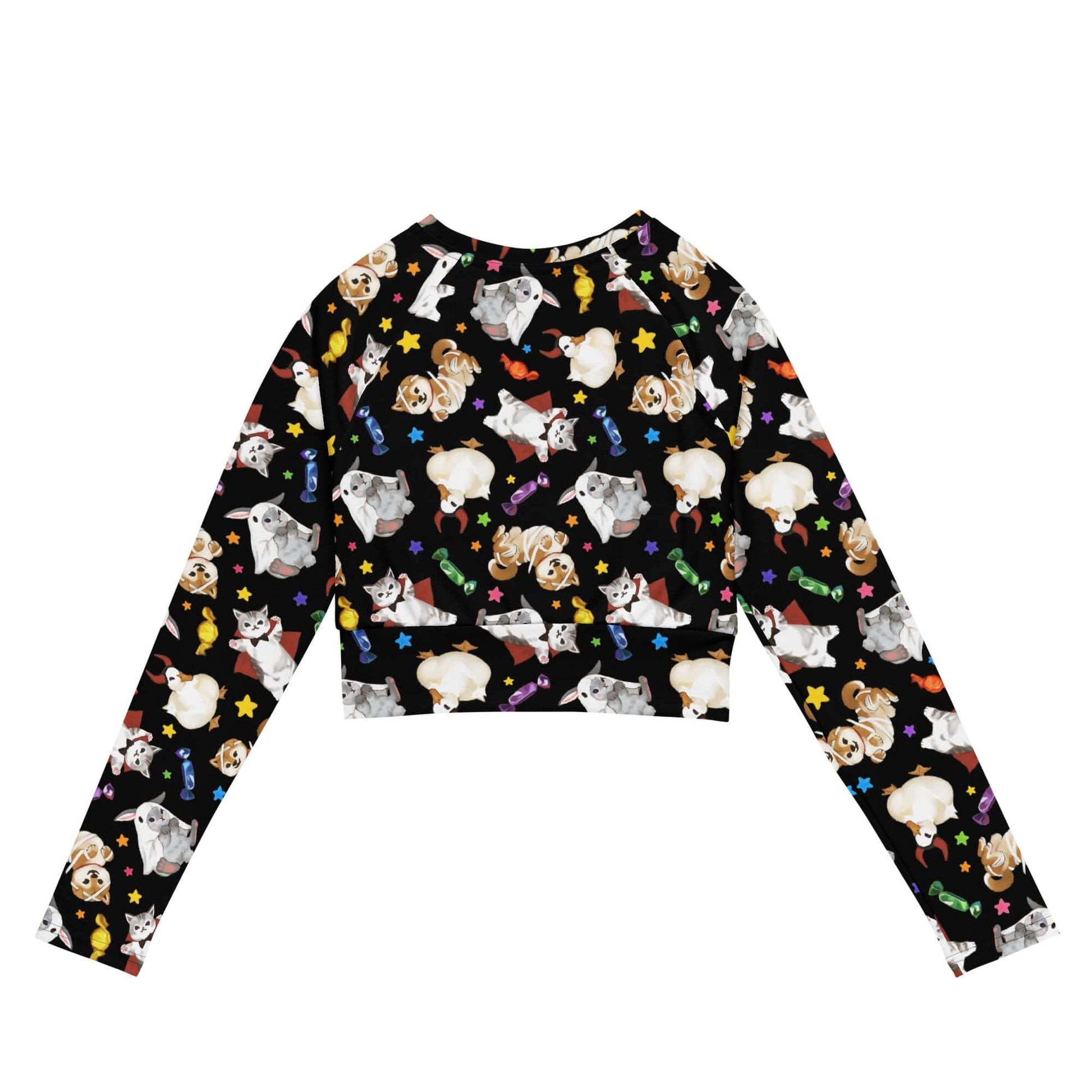 Trick or Treaters Long-sleeved Crop Top features a playful design, perfect for eco-friendly athleisure or casual wear.