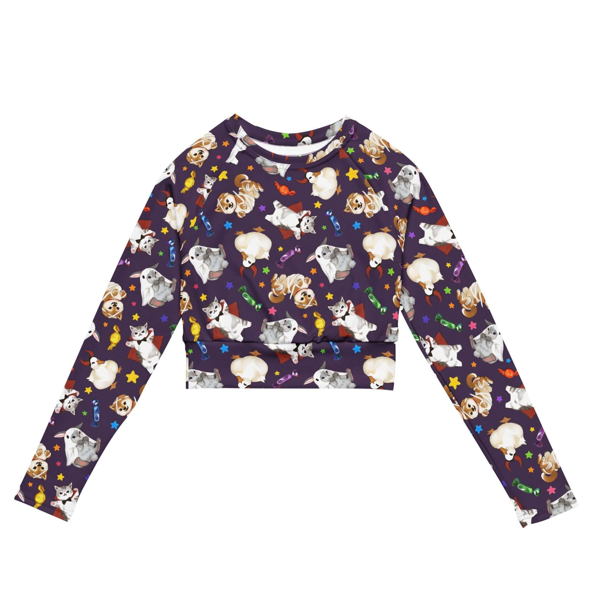 Trick or Treaters Long-sleeved Crop Top features a colorful design, perfect for eco-friendly athleisure outfits.