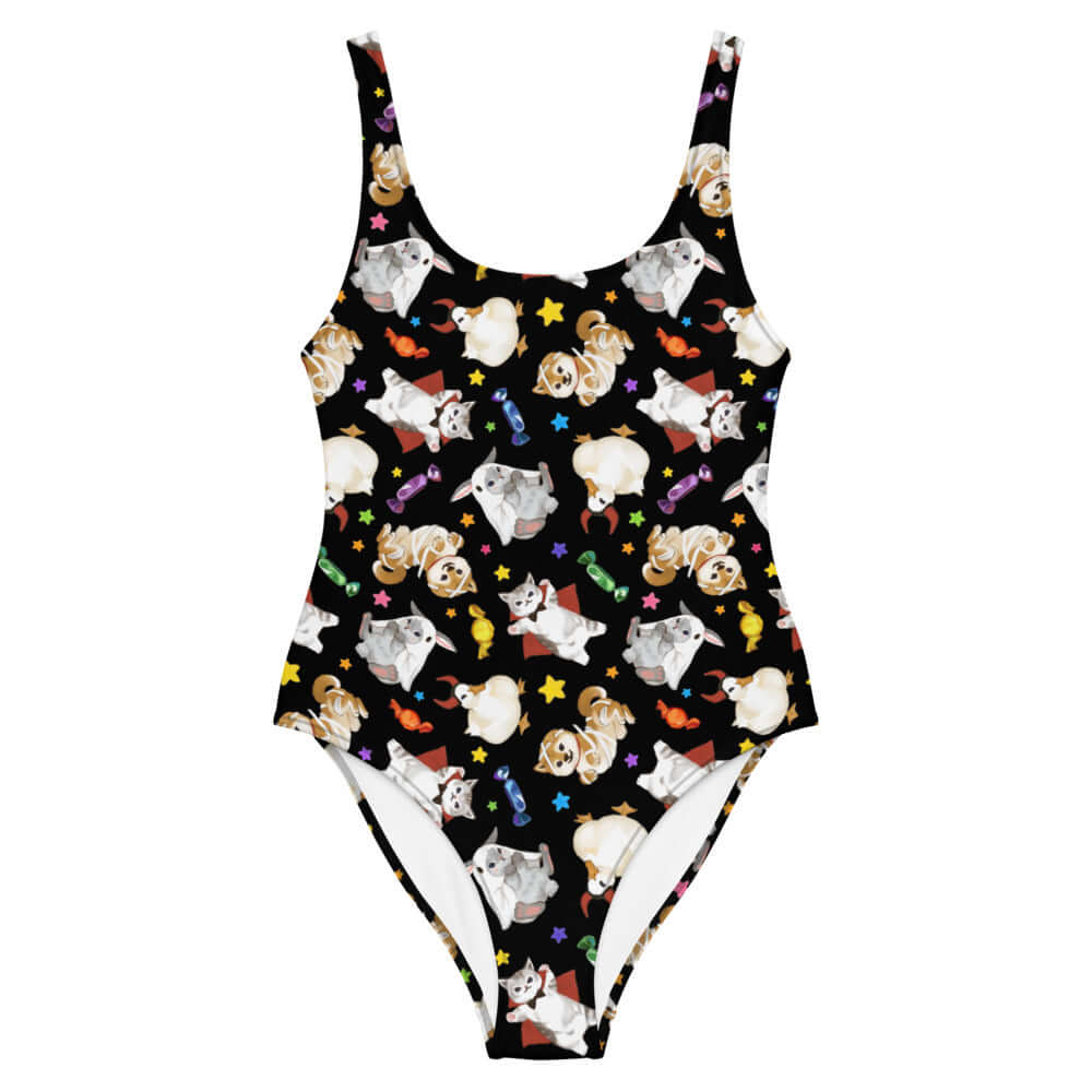 Trick or Treaters One-Piece Swimsuit featuring cute and spooky designs, perfect for pool fun and beach days.