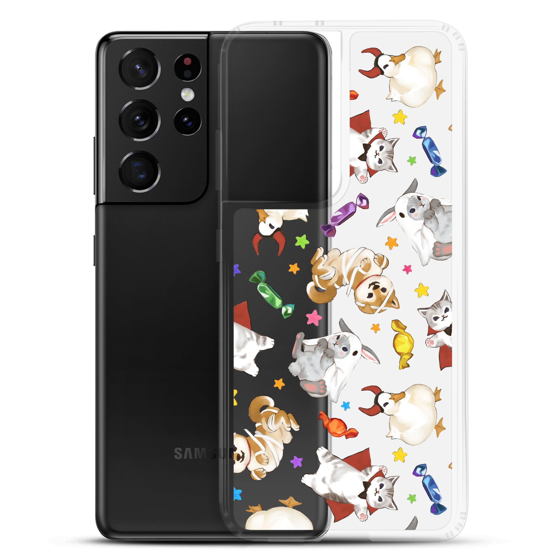 Trick or Treaters Samsung® Clear Case features adorable Halloween designs, perfect for protecting your phone this season.