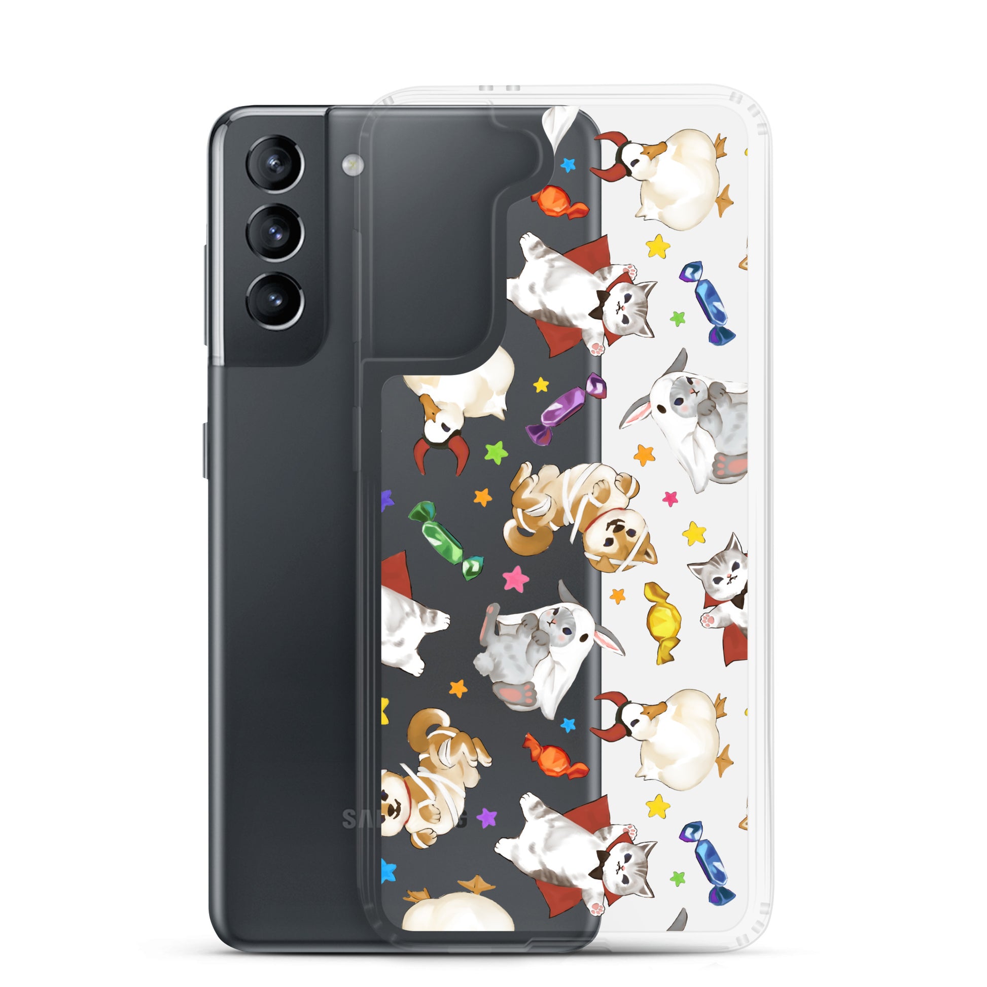 Trick or Treaters Samsung® Clear Case featuring cute Halloween characters, perfect for protecting your phone this season.